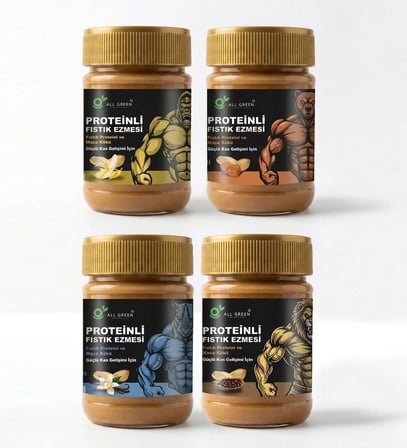 4'lü Paket: Proteinli Fıstık Ezmesi (Karamel, Muz, Vanilya, Kakao) | Fıstık Proteini, Maca Kökü Tozu ile | 325 gr x 4