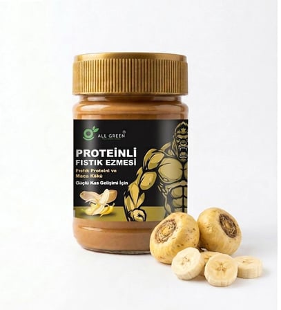 4'lü Paket: Proteinli Fıstık Ezmesi (Karamel, Muz, Vanilya, Kakao) | Fıstık Proteini, Maca Kökü Tozu ile | 325 gr x 4