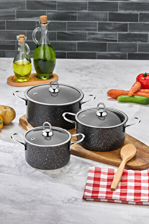 Hilal Döküm Granit 3'lü Mini Tencere Seti 12-14-16 cm Kapaklı Siyah