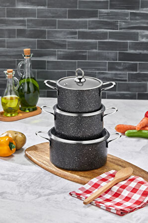 Hilal Döküm Granit 3'lü Mini Tencere Seti 12-14-16 cm Kapaklı Siyah