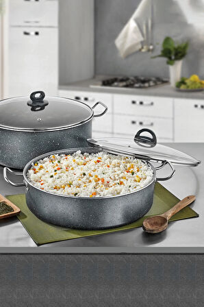 Megatron Döküm Granit Basık Pilav Tencere Kapaklı 36 cm Gri