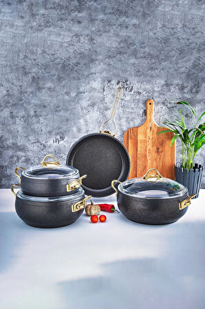 Mega Döküm Granit Tencere ve Tava Seti 7 Parça Siyah