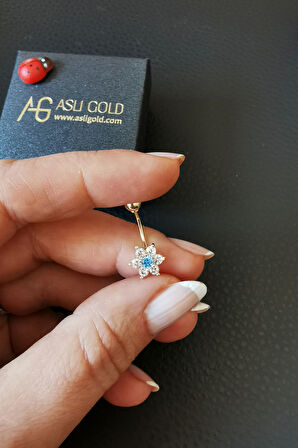 Aqua Taş Detaylı Altın Göbek Piercingi (PC0012)