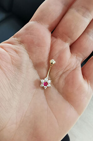 Altın 14 Ayar Pembe Taşlı Çiçek Piercing