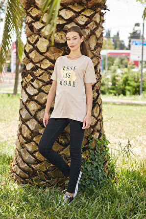 Pachie Less İs More Yazı Baskılı Bej Renk T-shirt (PC0074)