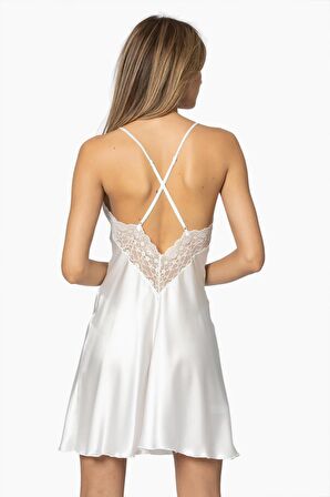 Kadın Ekru Saten Dantelli Gecelik - 600