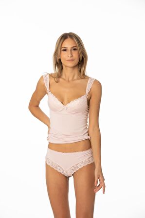 Kadın Dantelli Penye Atlet Külot / Kaşkorse Set - 394 Pudra