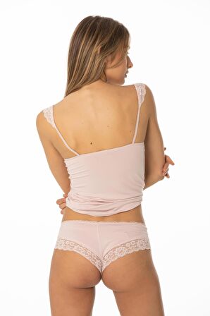 Kadın Dantelli Penye Atlet Külot / Kaşkorse Set - 394 Pudra