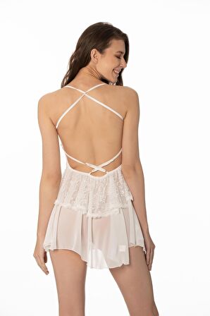 Kadın Saten Dantelli Gecelik - 645 Ekru