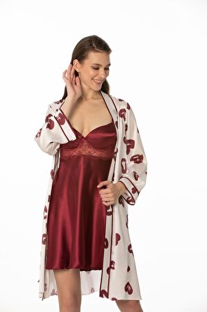 Kadın Bordo Saten Emprime Gecelik & Sabahlık Takım - 2406