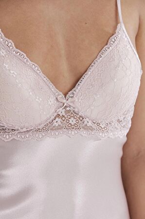 Kadın Saten Dantelli Gecelik - 600 Pudra