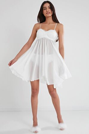 Kadın Şifon Dantelli Gecelik - 880 Ekru