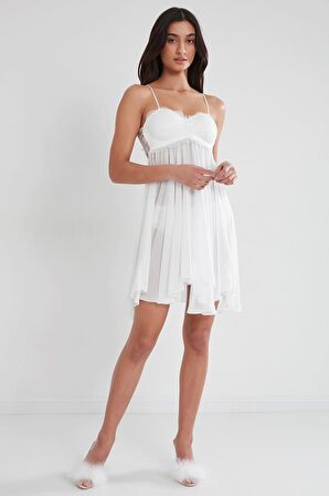 Kadın Şifon Dantelli Gecelik - 880 Ekru