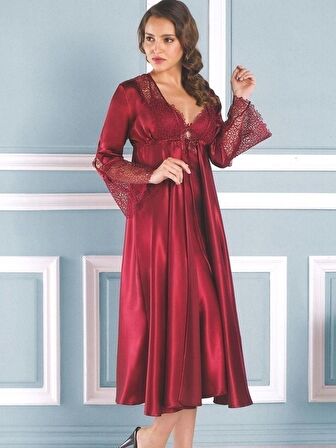 Kadın 6 Parça Uzun Saten Bordo Gelin Çeyiz Seti 6620
