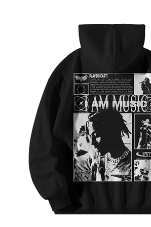 Unisex Siyah Oversize Hoodie - Playboi Carti I Am Music Baskılı 3 İplik Şardonlu Sweatshirt
