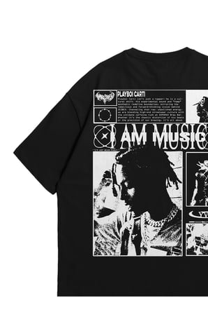 Unisex Siyah Oversize T-Shirt - Playboi Carti I Am Music Baskılı %100 Pamuklu Bisiklet Yaka Tişört