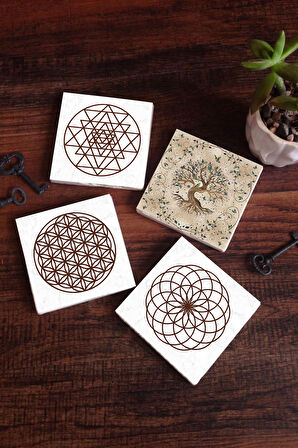 Yaşam Çiçeği, Sri Yantra, Hayat Ağacı Taş Bardak Altlığı Masaüstü Koruyucu Altlık 4 Parça Set 10x10cm Stone Coasters
