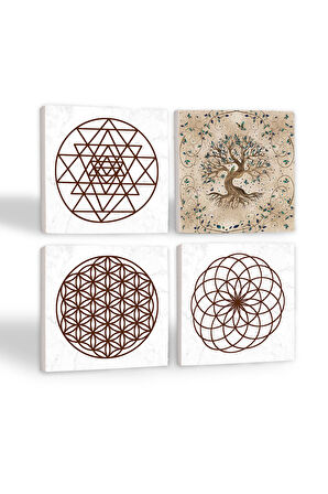 Yaşam Çiçeği, Sri Yantra, Hayat Ağacı Taş Bardak Altlığı Masaüstü Koruyucu Altlık 4 Parça Set 10x10cm Stone Coasters
