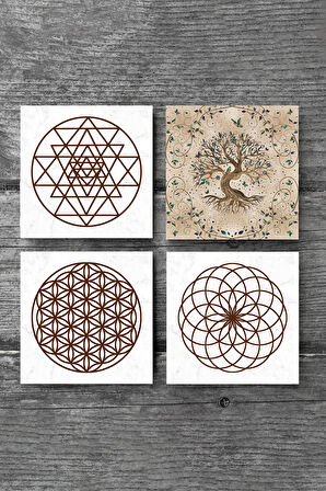 Yaşam Çiçeği, Sri Yantra, Hayat Ağacı Taş Bardak Altlığı Masaüstü Koruyucu Altlık 4 Parça Set 10x10cm Stone Coasters