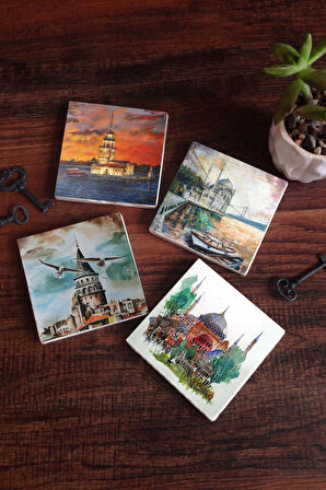 İstanbul Ayasofya, Galata Kulesi, Kız Kulesi, Ortaköy Taş Bardak Altlığı Masaüstü Koruyucu Altlık 4 Parça Set 10x10cm Stone Coasters