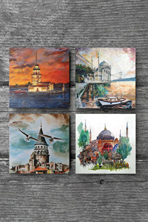 İstanbul Ayasofya, Galata Kulesi, Kız Kulesi, Ortaköy Taş Bardak Altlığı Masaüstü Koruyucu Altlık 4 Parça Set 10x10cm Stone Coasters