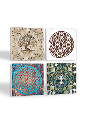 Yaşam Çiçeği, Hayat Ağacı Taş Bardak Altlığı Masaüstü Koruyucu Altlık 4 Parça Set 10x10cm Stone Coasters