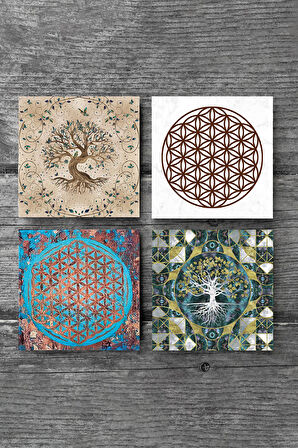 Yaşam Çiçeği, Hayat Ağacı Taş Bardak Altlığı Masaüstü Koruyucu Altlık 4 Parça Set 10x10cm Stone Coasters