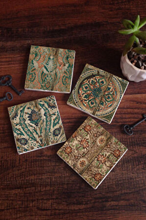 Vintage Desen Taş Bardak Altlığı Masaüstü Koruyucu Altlık 4 Parça Set 10x10cm Stone Coasters