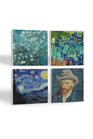 Van Gogh İrisler, Yıldızlı Gece, Badem Ağacı, Otoportre Taş Bardak Altlığı Masaüstü Koruyucu Altlık 4 Parça Set 10x10cm Stone Coasters