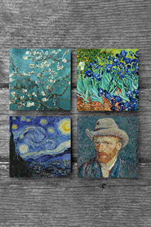 Van Gogh İrisler, Yıldızlı Gece, Badem Ağacı, Otoportre Taş Bardak Altlığı Masaüstü Koruyucu Altlık 4 Parça Set 10x10cm Stone Coasters