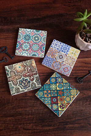 Etnik Desen Taş Bardak Altlığı Masaüstü Koruyucu Altlık 4 Parça Set 10x10cm Stone Coasters