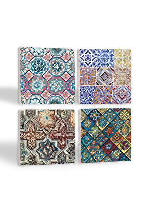 Etnik Desen Taş Bardak Altlığı Masaüstü Koruyucu Altlık 4 Parça Set 10x10cm Stone Coasters
