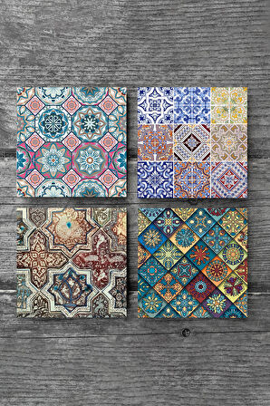Etnik Desen Taş Bardak Altlığı Masaüstü Koruyucu Altlık 4 Parça Set 10x10cm Stone Coasters
