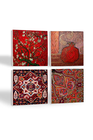 Nar, Desen, Van Gogh Badem Ağacı Taş Bardak Altlığı Masaüstü Koruyucu Altlık 4 Parça Set 10x10cm Stone Coasters