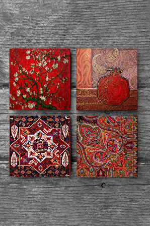 Nar, Desen, Van Gogh Badem Ağacı Taş Bardak Altlığı Masaüstü Koruyucu Altlık 4 Parça Set 10x10cm Stone Coasters