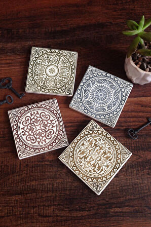 Etnik Desen Taş Bardak Altlığı Masaüstü Koruyucu Altlık 4 Parça Set 10x10cm Stone Coasters