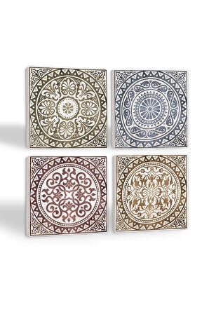 Etnik Desen Taş Bardak Altlığı Masaüstü Koruyucu Altlık 4 Parça Set 10x10cm Stone Coasters