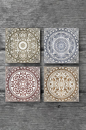 Etnik Desen Taş Bardak Altlığı Masaüstü Koruyucu Altlık 4 Parça Set 10x10cm Stone Coasters