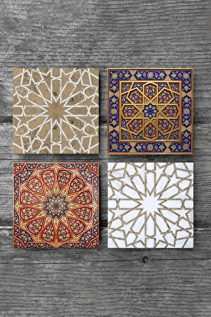 Etnik Desen Taş Bardak Altlığı Masaüstü Koruyucu Altlık 4 Parça Set 10x10cm Stone Coasters