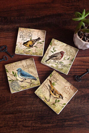 Serçe Kuş Taş Bardak Altlığı Masaüstü Koruyucu Altlık 4 Parça Set 10x10cm Stone Coasters