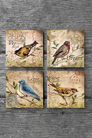 Serçe Kuş Taş Bardak Altlığı Masaüstü Koruyucu Altlık 4 Parça Set 10x10cm Stone Coasters