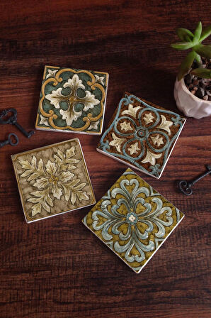 Desen Taş Bardak Altlığı Masaüstü Koruyucu Altlık 4 Parça Set 10x10cm Stone Coasters