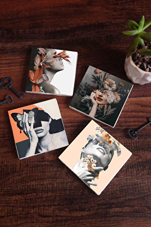 Bahar Düşü Serisi Taş Bardak Altlığı Masaüstü Koruyucu Altlık 4 Parça Set 10x10cm Stone Coasters