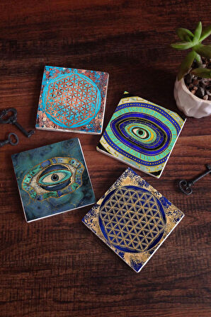 Nazar, Yaşam Çiçeği Taş Bardak Altlığı Masaüstü Koruyucu Altlık 4 Parça Set 10x10cm Stone Coasters