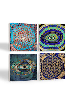 Nazar, Yaşam Çiçeği Taş Bardak Altlığı Masaüstü Koruyucu Altlık 4 Parça Set 10x10cm Stone Coasters