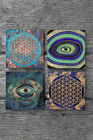 Nazar, Yaşam Çiçeği Taş Bardak Altlığı Masaüstü Koruyucu Altlık 4 Parça Set 10x10cm Stone Coasters