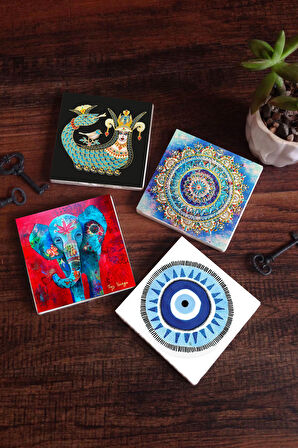 Nazar, Mandala, Fil, Şahmeran Taş Bardak Altlığı Masaüstü Koruyucu Altlık 4 Parça Set 10x10cm Stone Coasters