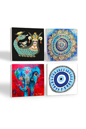 Nazar, Mandala, Fil, Şahmeran Taş Bardak Altlığı Masaüstü Koruyucu Altlık 4 Parça Set 10x10cm Stone Coasters