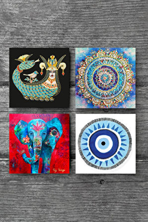 Nazar, Mandala, Fil, Şahmeran Taş Bardak Altlığı Masaüstü Koruyucu Altlık 4 Parça Set 10x10cm Stone Coasters