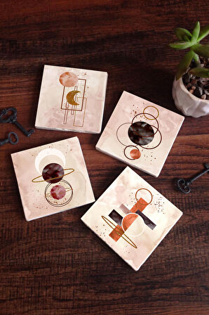 Minimalist Soyut Taş Bardak Altlığı Masaüstü Koruyucu Altlık 4 Parça Set 10x10cm Stone Coasters